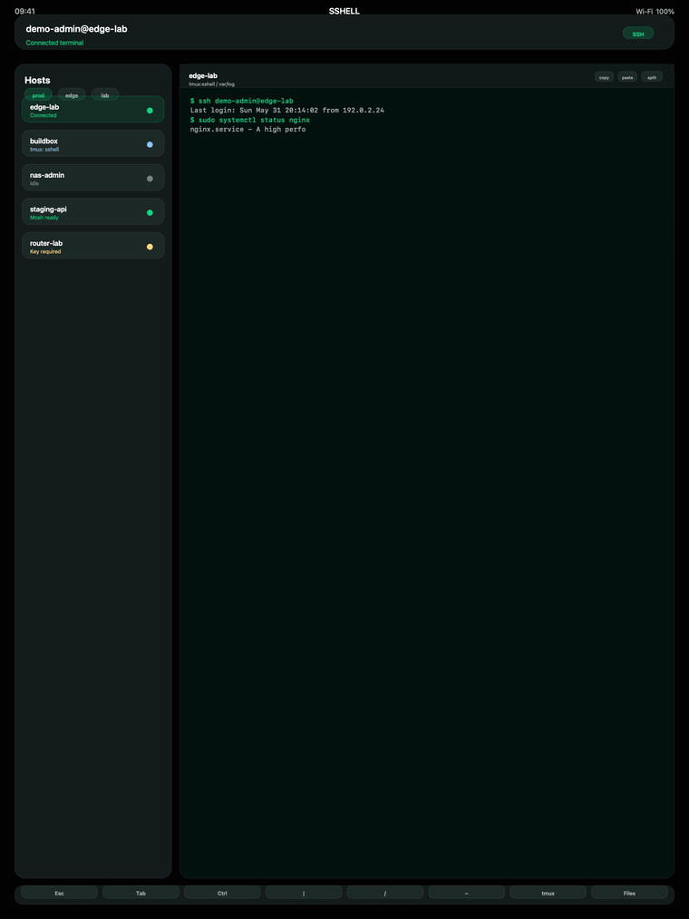 Animated SSHELL Terminal demo showing iPad terminal, tmux windows, Mosh reconnect and remote file screens.