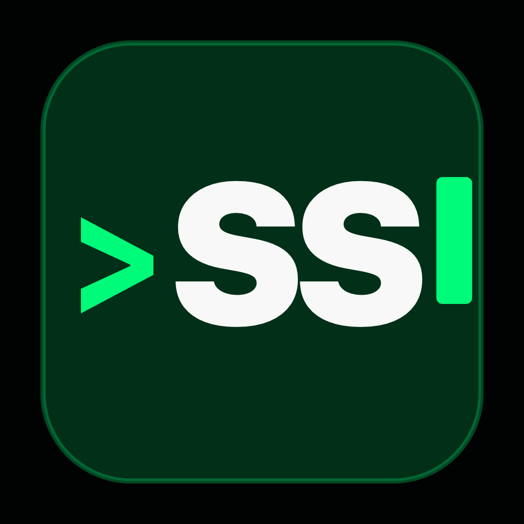 SSHELL Terminal app icon with a green command prompt and SS logomark on a dark green background.