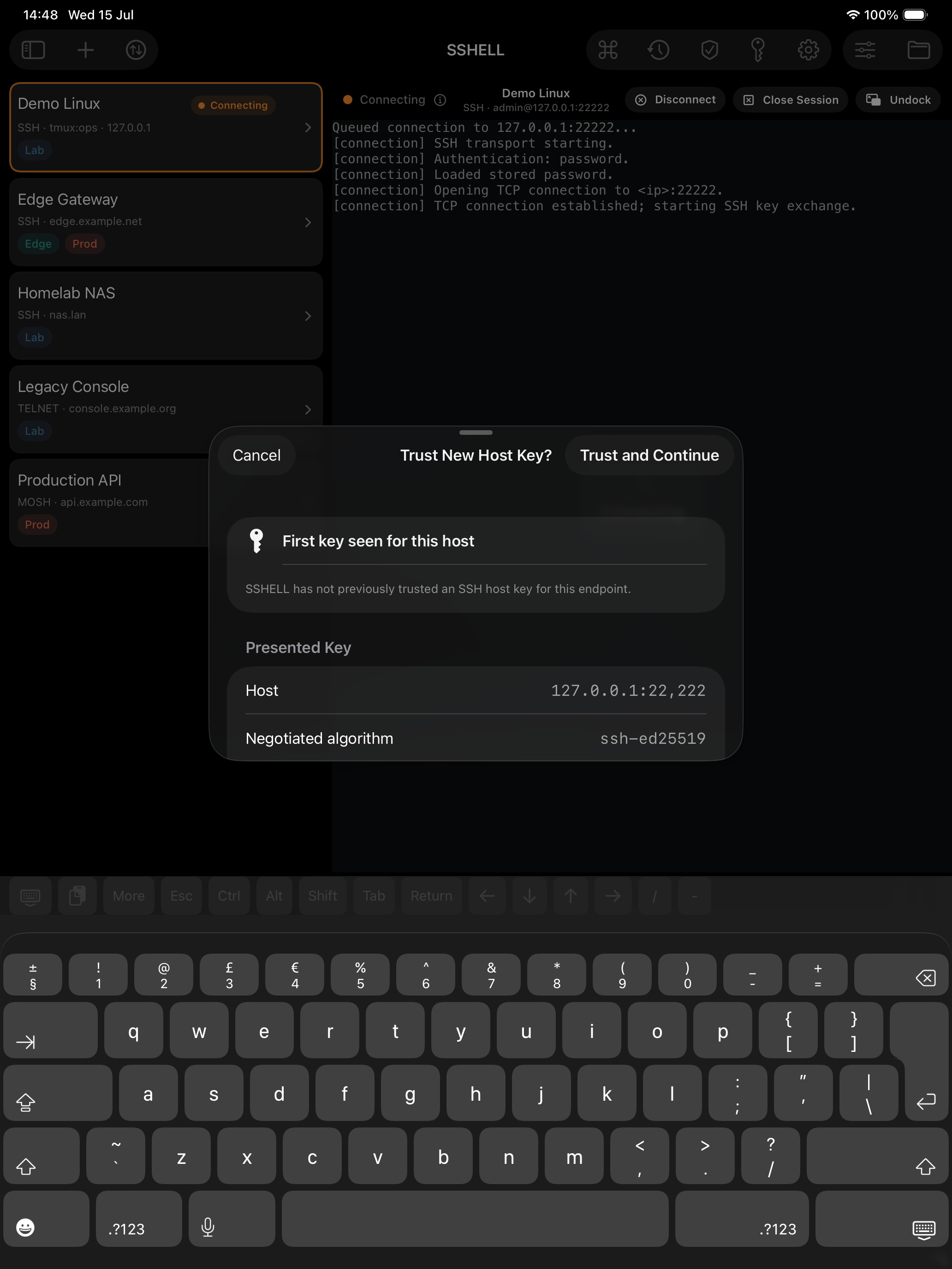 SSHELL iPad screenshot showing host-key verification before connecting.