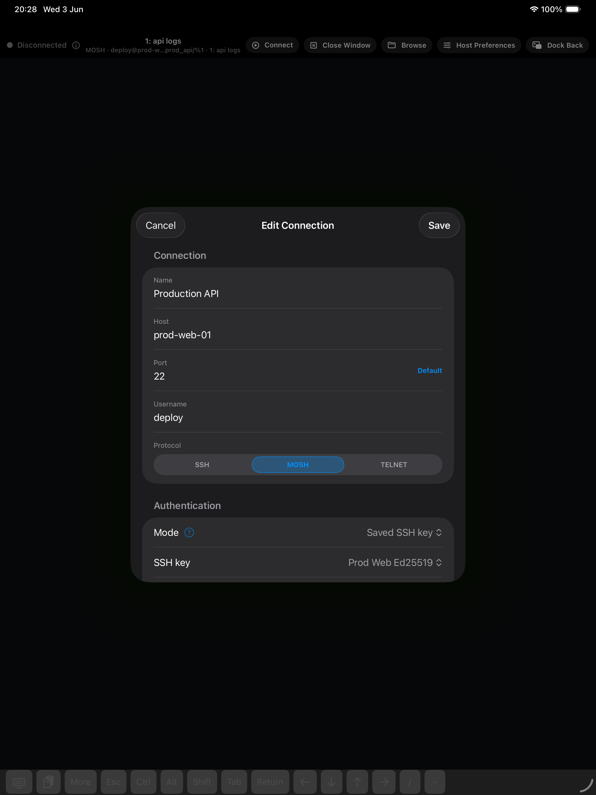 SSHELL iPad screenshot showing Host Preferences in the running app.