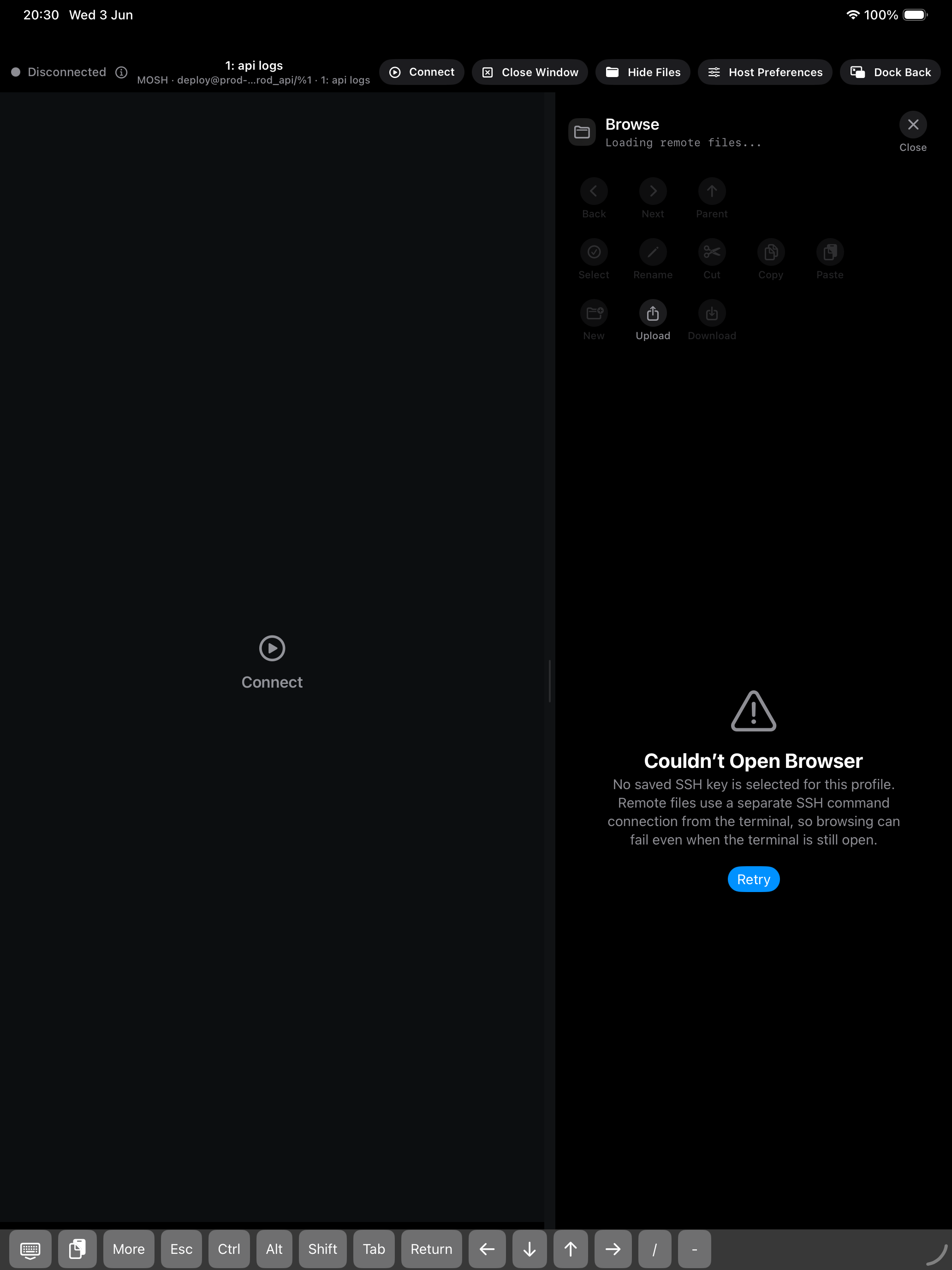 SSHELL iPad screenshot showing the remote file browser panel and connection requirement message.