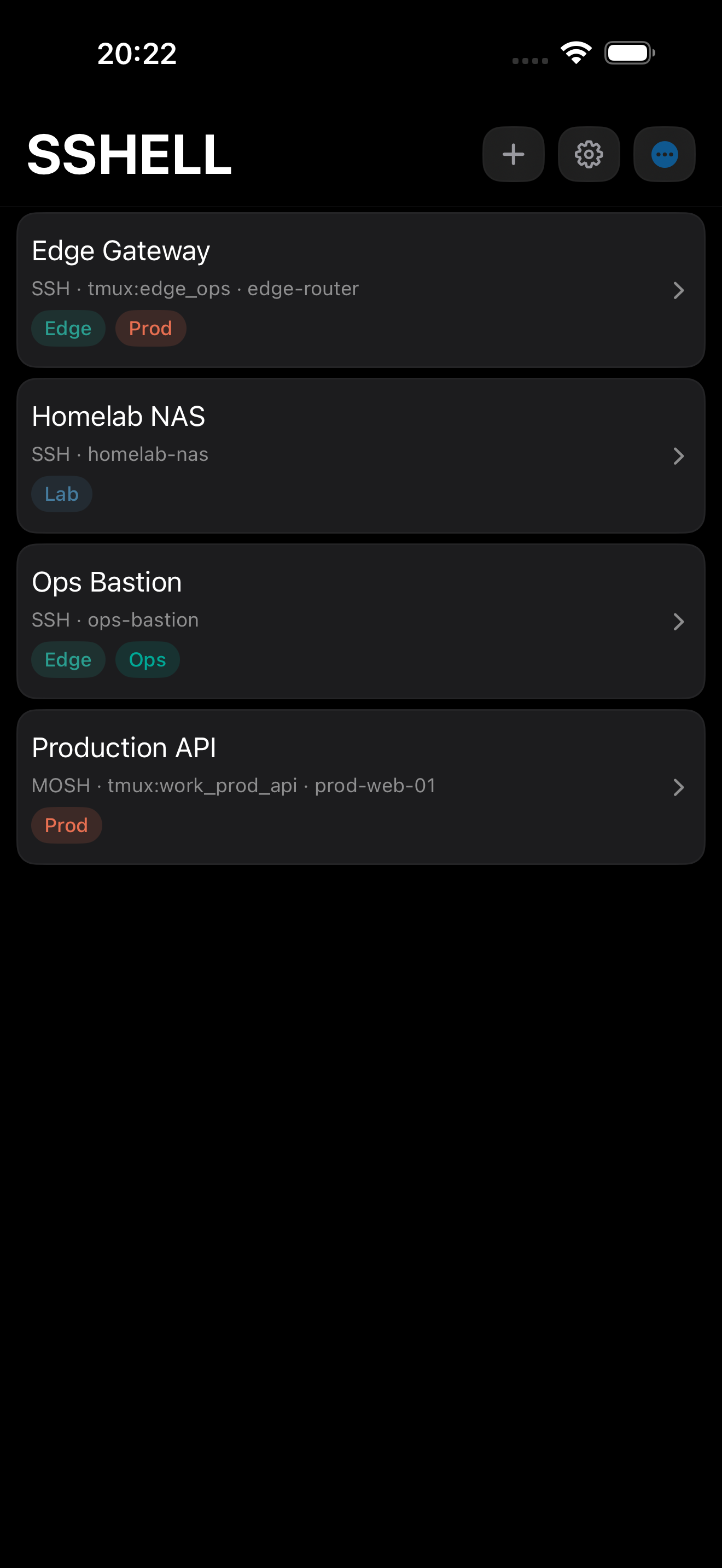 SSHELL iPhone screenshot showing the saved host list in the running app.
