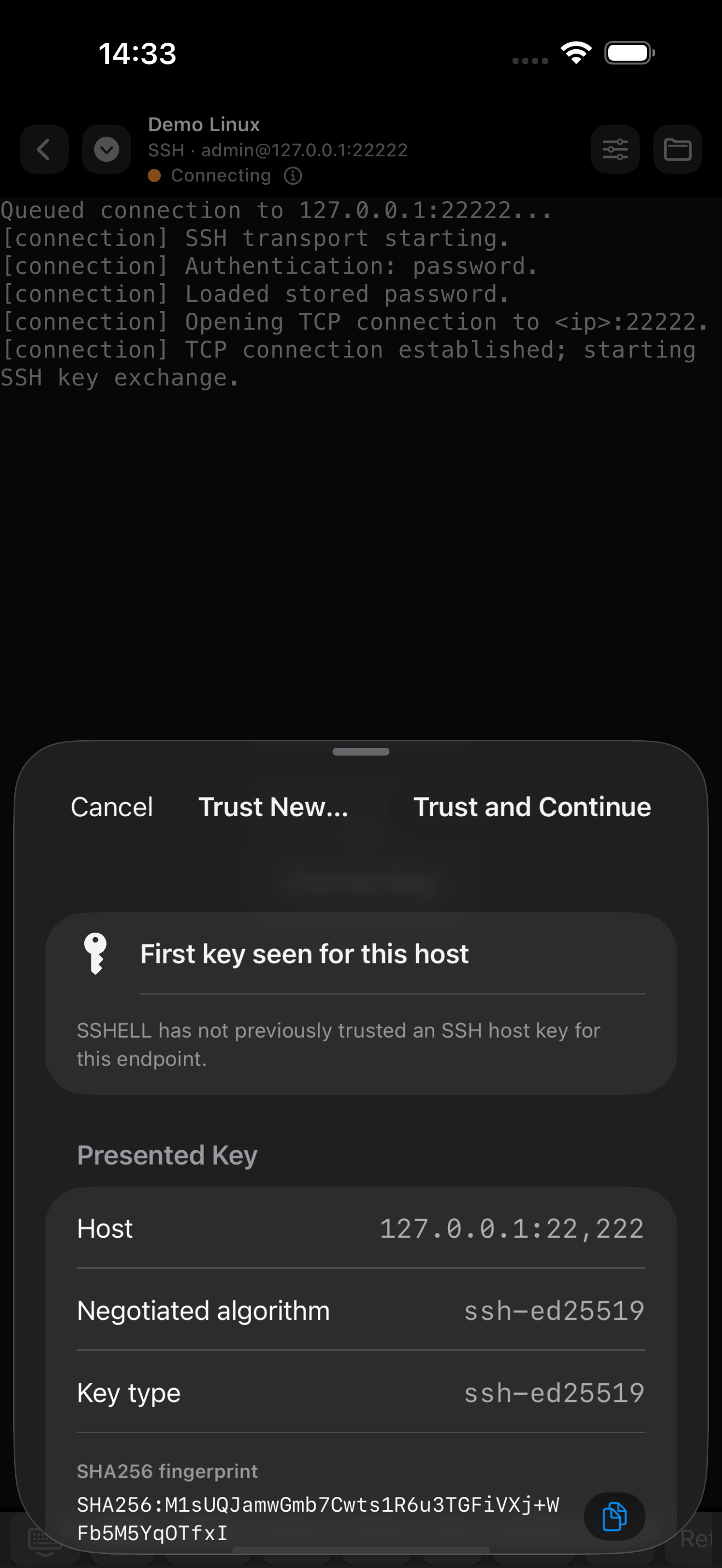 SSHELL iPhone screenshot showing host-key verification before connecting.