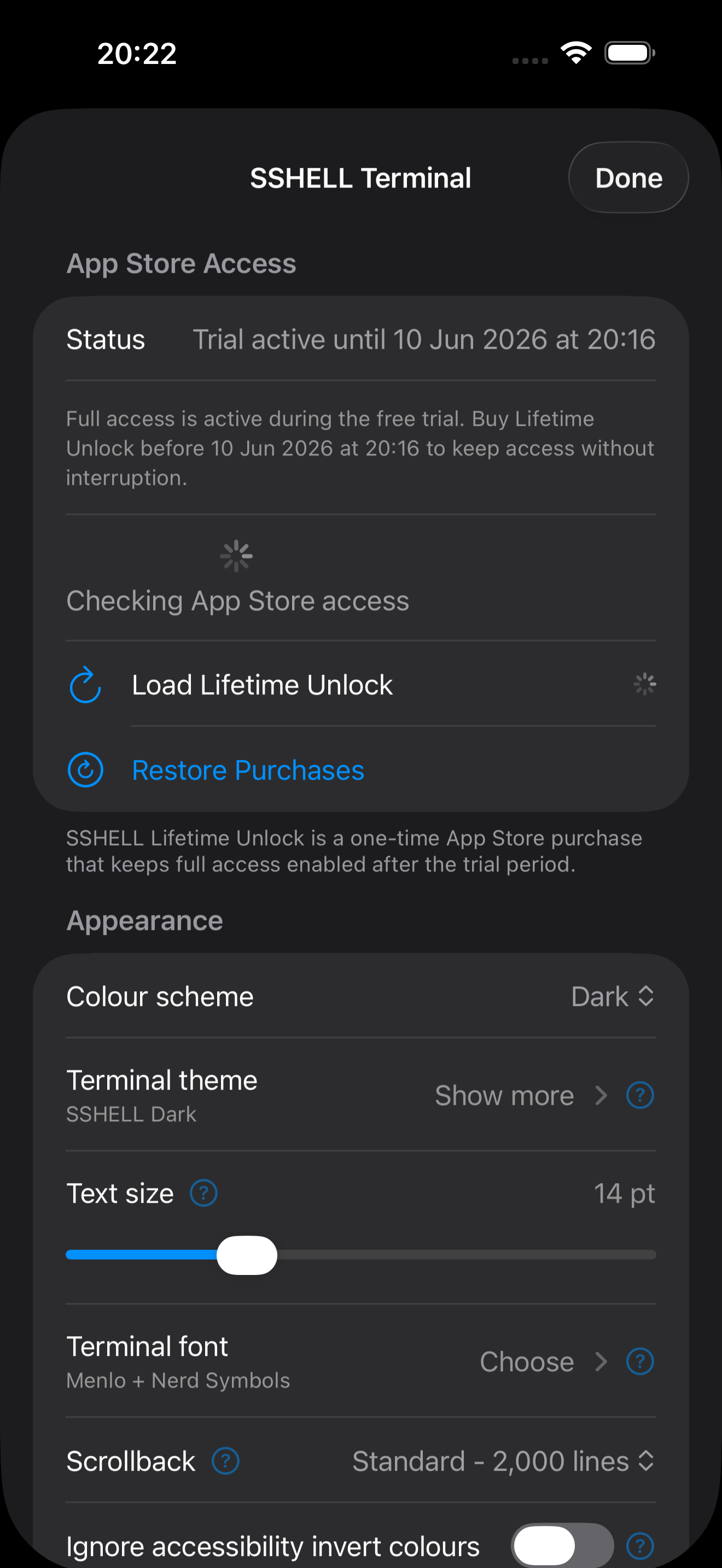SSHELL iPhone screenshot showing the app settings screen.