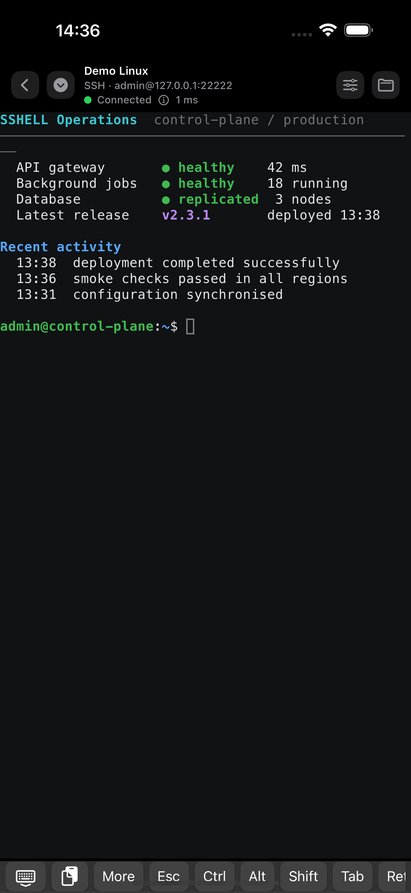 SSHELL iPhone screenshot showing a live tmux operations dashboard.