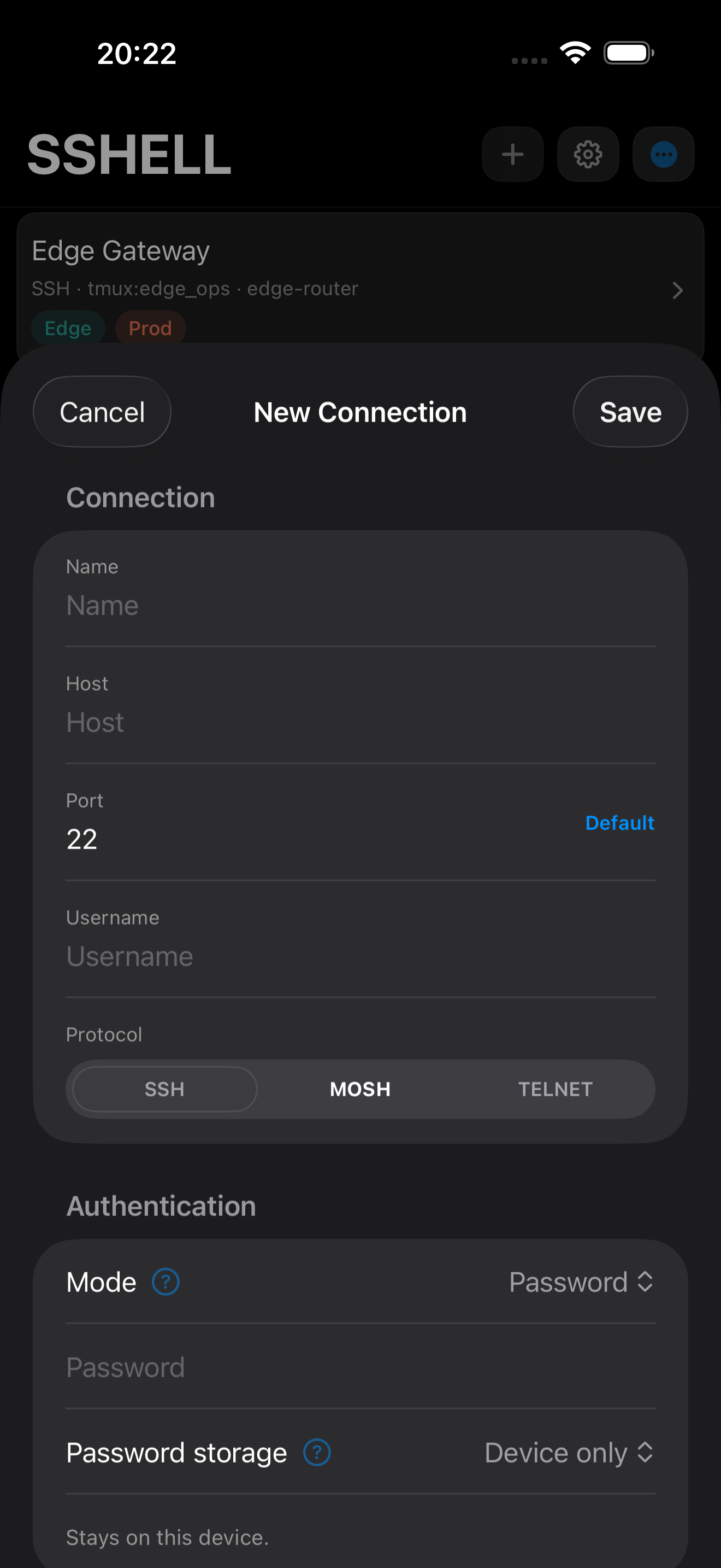 SSHELL iPhone screenshot showing the New Connection sheet.