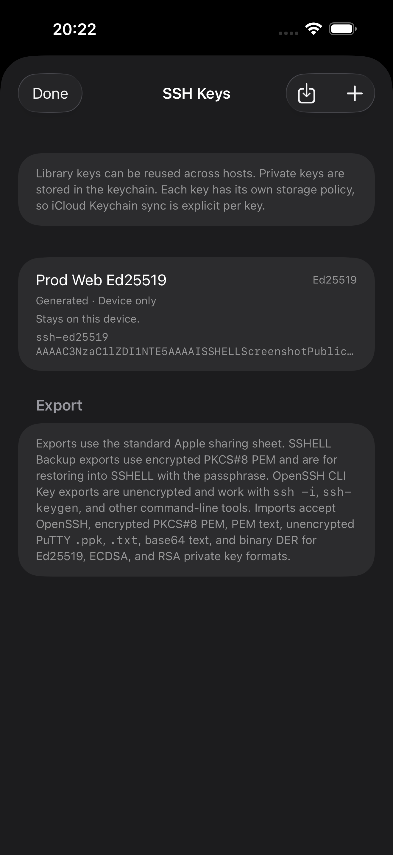 SSHELL iPhone screenshot showing the SSH Keys sheet.