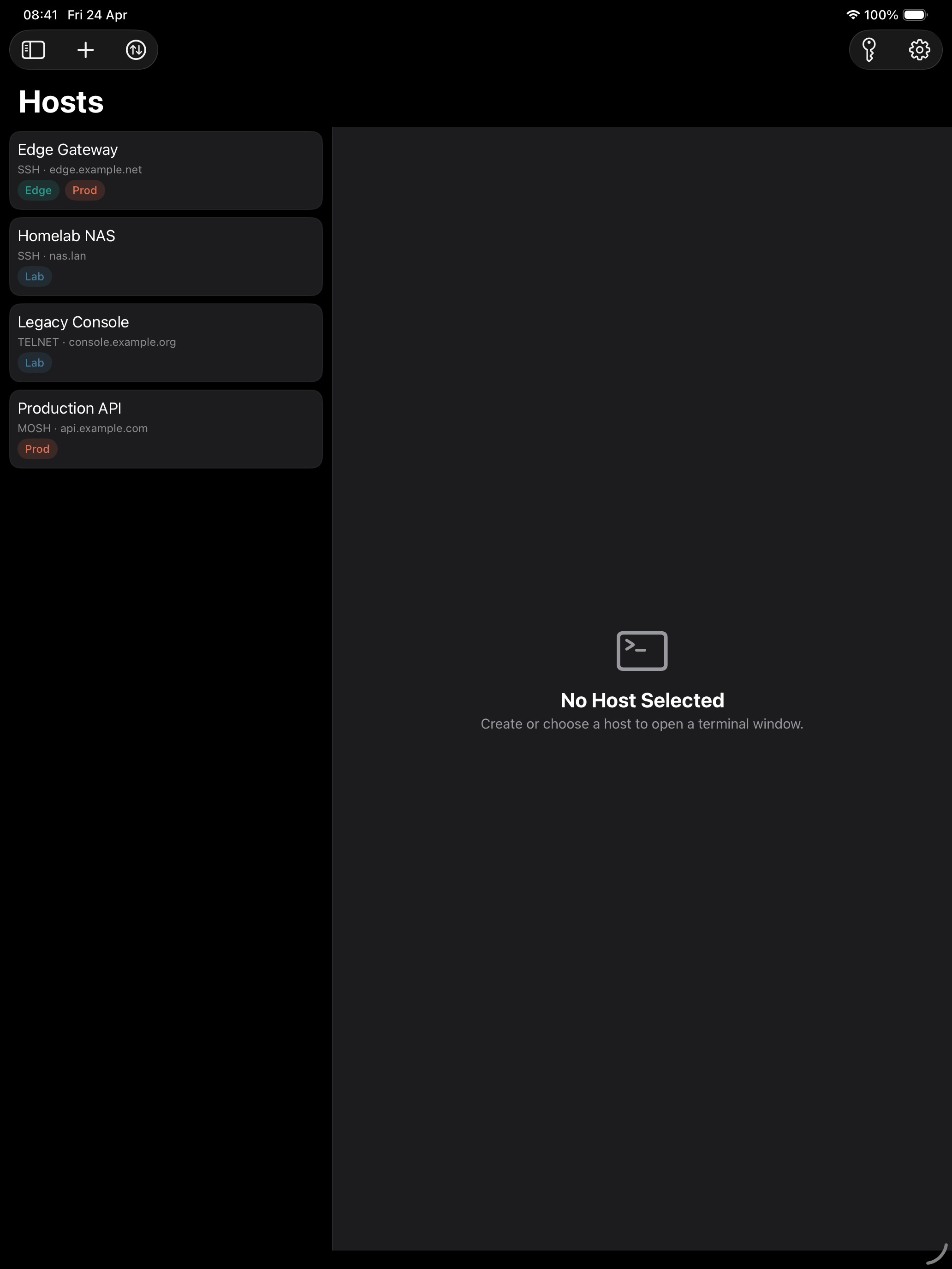 SSHELL iPad host list and terminal layout.