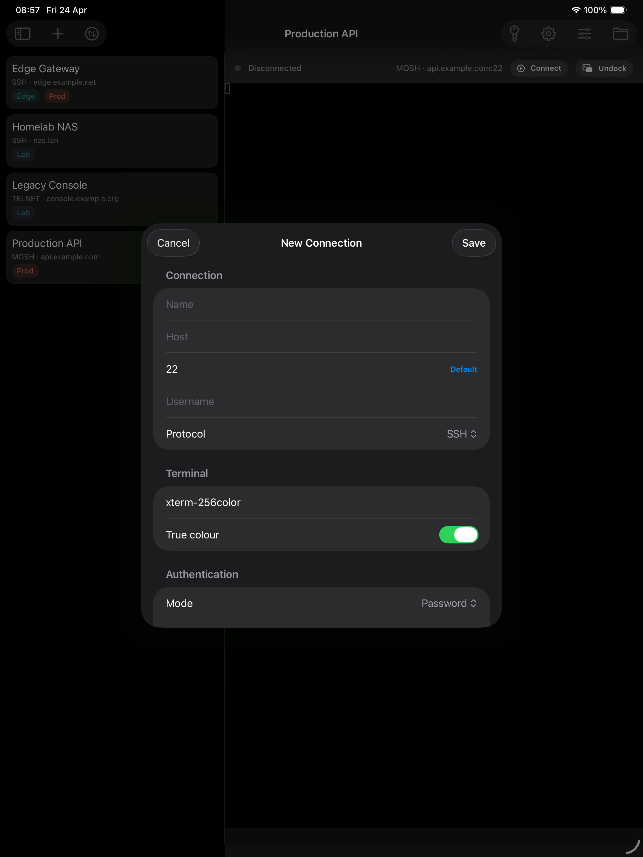 SSHELL new connection form on iPad.