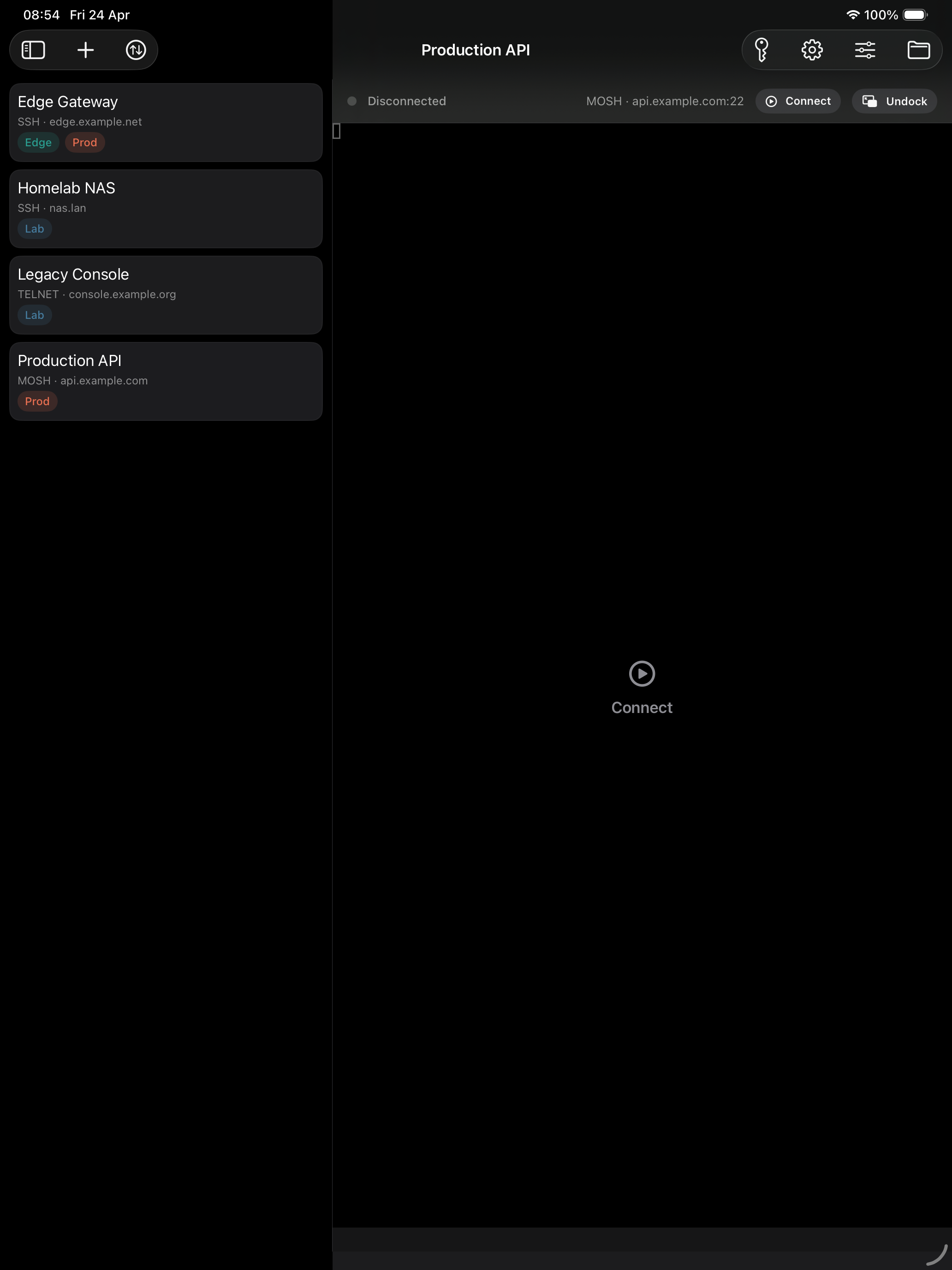SSHELL running in iPad split view with a host list beside a terminal pane.