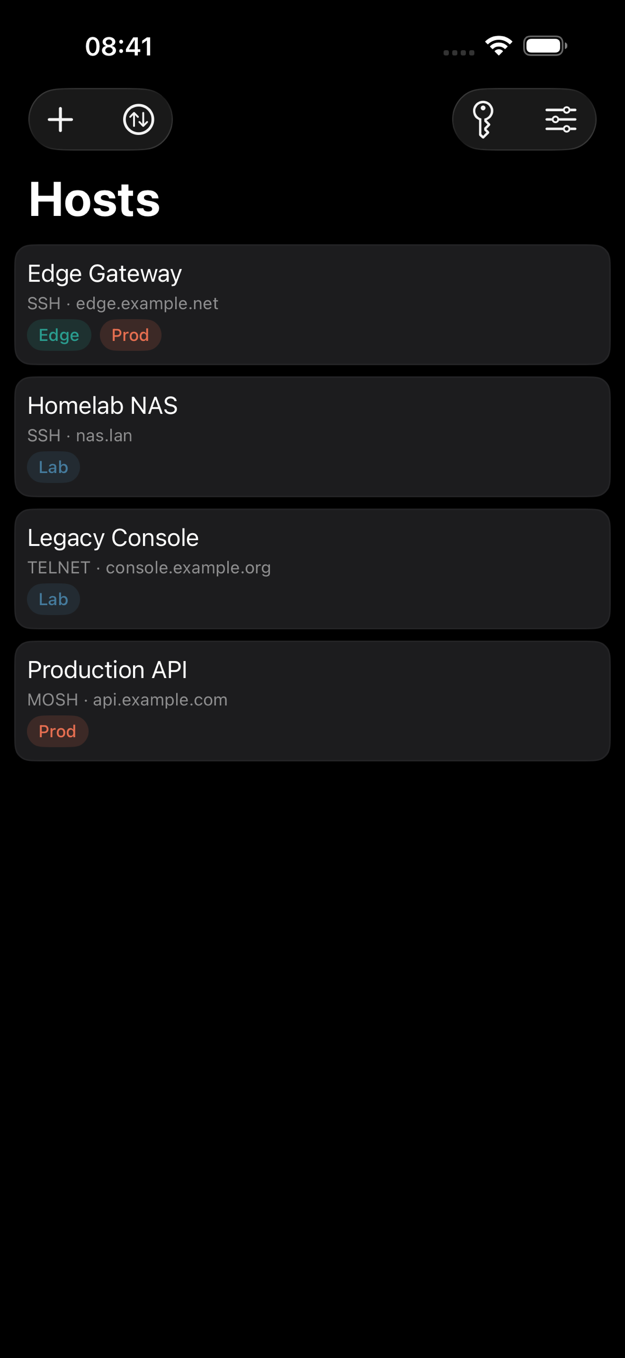 SSHELL iPhone hosts list with SSH, Mosh and Telnet examples.