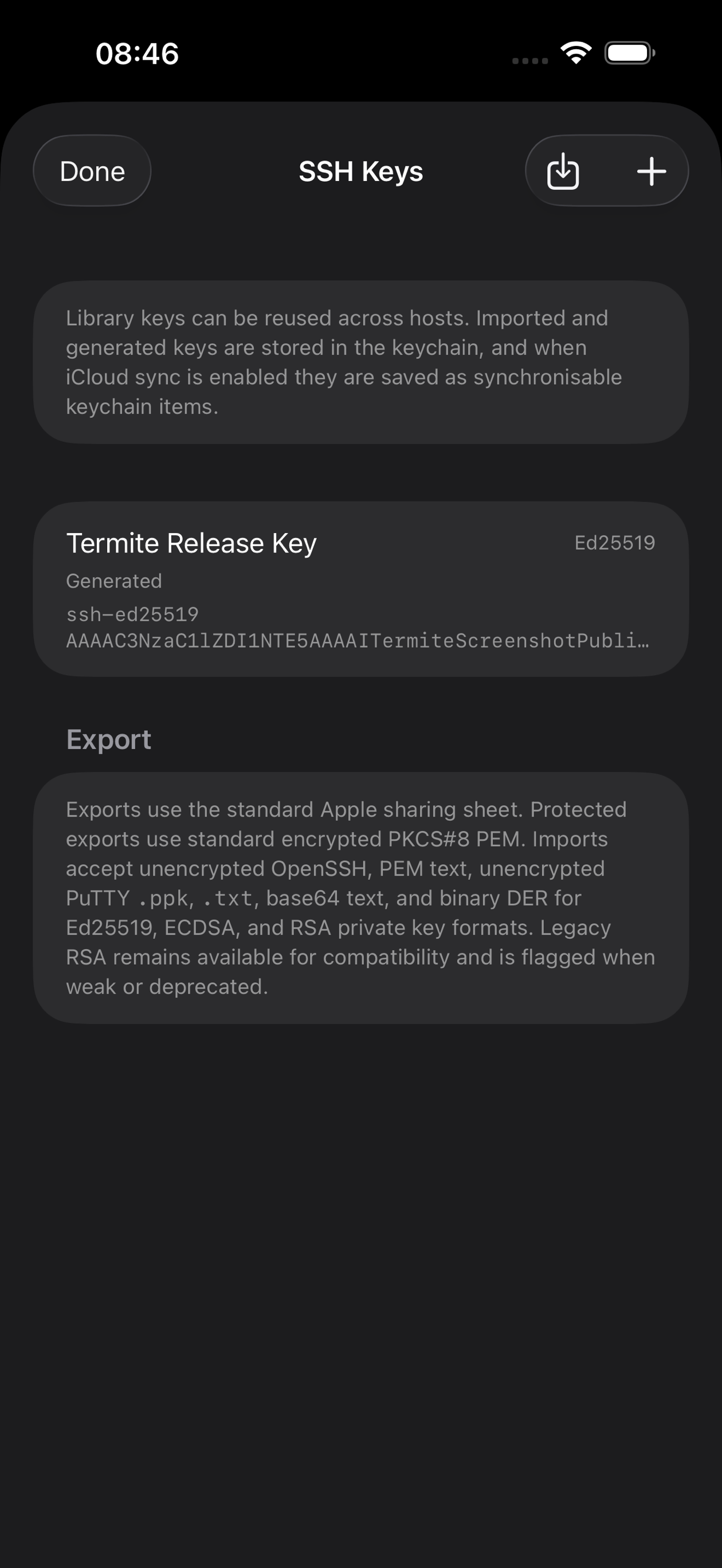 SSHELL SSH key library on iPhone.