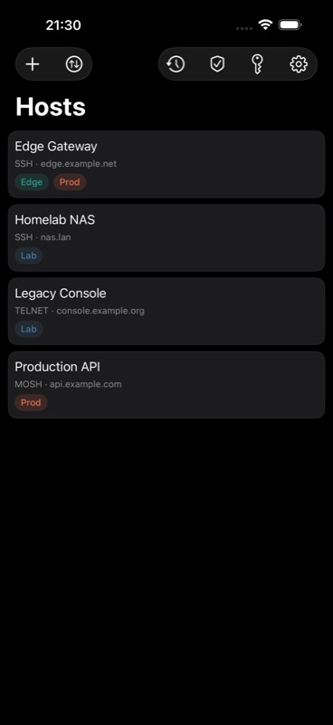 Live iPhone simulator screenshot of the SSHELL hosts screen.